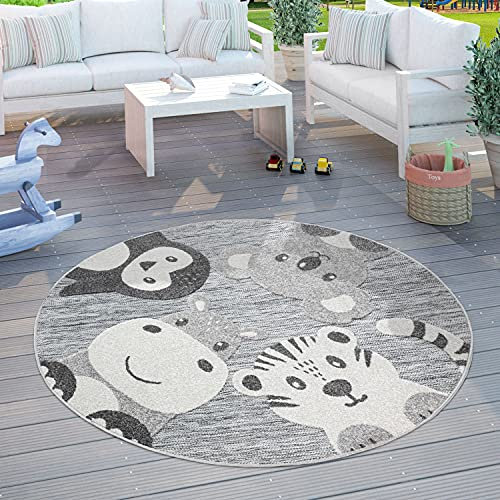 Paco Home Kinderteppich Kinderzimmer Outdoorteppich Rund Spielteppich Modern Tiere Grau, Grösse:Ø 160 cm Rund