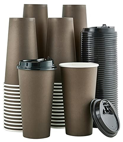 100 Pack 20 oz Paper Coffee Cups, Brown Disposable Coffee Cups with Lids,Drinking Cups for Cold/Hot Coffee, Water, Juice, or Tea. Hot Paper Coffee Cups for Home, Restaurant, Store and Cafe.