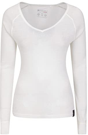 Mountain Warehouse Merino Womens Thermal Baselayer Top - Lightweight, Antibacterial & Breathable Ladies T Shirt - for Winter Travel, Hiking, Camping, Skiing, Snowboard White 12
