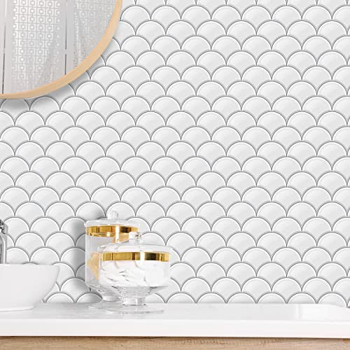 LWLFC Credence Adhesive pour Cuisine 20X20 Écailles De Poisson Blanc Stickers Muraux Carrelage Adhesif Mural Salle Bain Dalle Pvc Murale (10 Pièces), 20x20cm