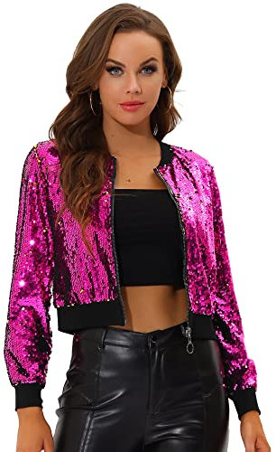 Allegra K Damen Bomberjacke Langarm Glitzer Pailletten Party Jacke Rose Rot L