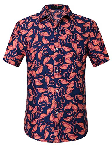 SSLR Chemise hawaïenne décontractée à manches courtes pour homme, Flamant rose bleu foncé, Taille L