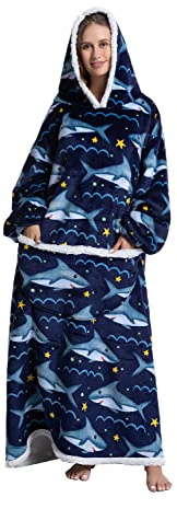 Plüsch Tragbare Decke mit Ärmeln Kuscheldecke Damen Riesige Fronttasche Verlängert Plaid Decken Hoodie Warme Schlafanzug Frauen Geschenk Hausanzug Deckenpullover für Camping (Erwachsene, Hai)