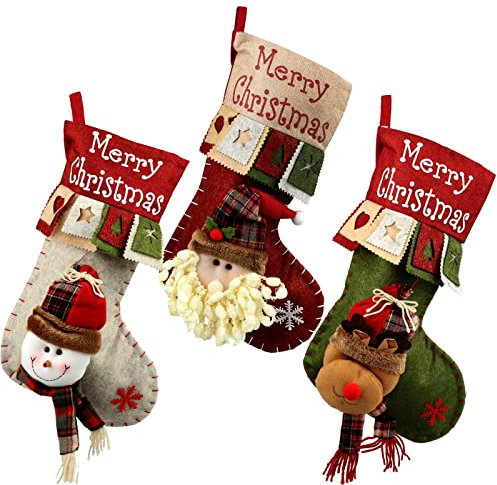 CHAMEEN Weihnachtsstrumpf 3er Set, große Weihnachtsstrümpfe, Baumdekoration Weihnachtsschmuck Süßigkeitenbeutel Tasche Thema Weihnachtsmann,Rentier, Schneemann