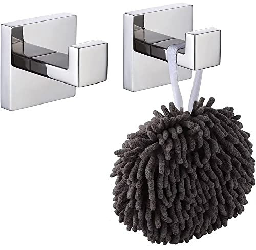LATRAT Ganchos para toallas, percheros, percheros, acero inoxidable, para baño, perchero, gancho de pared, soporte de pared, cepillado, cuadrado, para baño, cocina, cromo pulido, 2 unidades