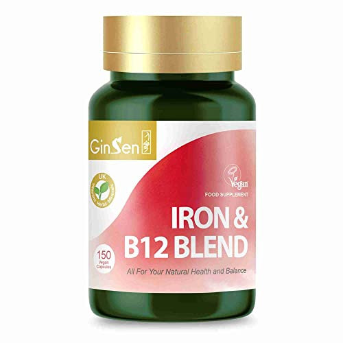 GinSen Iron & B12 Blend, Natural Hair Growth Support for Men and Women, Hair Maintenance, Added Herbal Extract & Vitamins, 150 Capsules, Vegan Approved, Made in UK