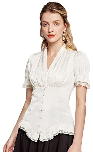 SCARLET DARKNESS Chemisier à volants et dentelle pour femme, style médiéval/gothique, pour la fête, Blanc., XXXL