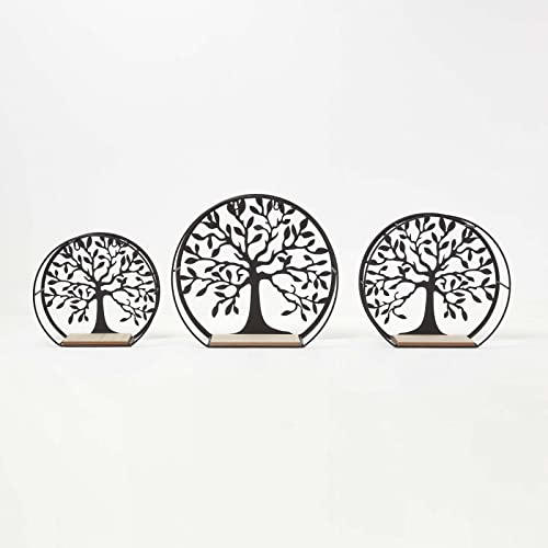 Homescapes Baum des Lebens Wandregale 3er-Set schwarz-Natur, Tree of Life Deko-Regale, 3 Wand-Regale rund, Holz & Metall