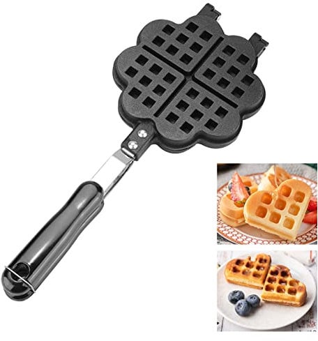 Iron Stovetop Waffle Maker, Heart Shaped Waffle Maker Pan with Heat-Insulation Handle, Non-Stick Waffle Cone Maker Pan for Family Breakfast Baking