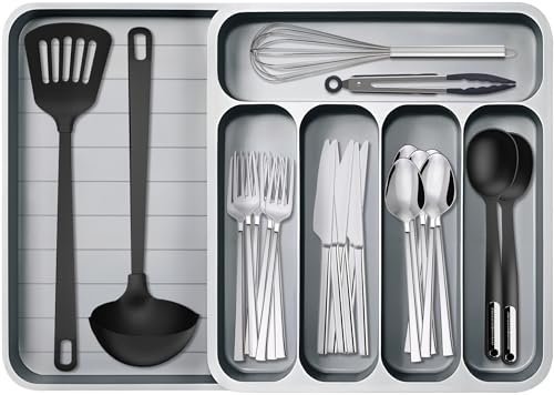 ZLPBAO Organizador Expandible para Cubiertos, Grande Organizador de Cubiertos, Organizador de cajones de utensilios, Soporte de cubiertos ajustable para cajon, Organizador cajones cocina, Plástico