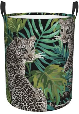 LAMAME Panier à linge rond imprimé léopard feuille de palmier panier de rangement avec poignée organisateur de vêtements jouets