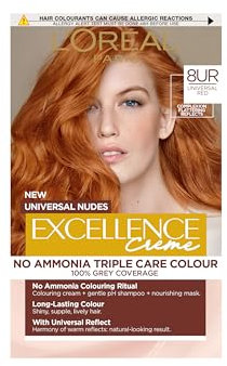 L’Oréal Excellence Permanent Hair Dye Colouring Cream, 100% Grey Coverage, With Pro-Keratin, Ammonia-Free, Universal Nudes, 8UC Light Copper