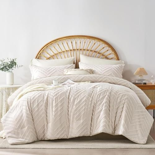 Freyamy Boho Bettwäsche 220x240cm 3teilig Beige Getuftet Welle Streifen Geometrische Bettwäsche Stickerei Shabby Chic Bettwaren-Sets Microfaser Bettbezug mit Reißverschluss und 2 Kissenbezug 80x80cm
