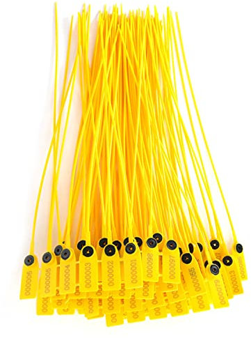 100 Stück gelbe Kunststoff-Sicherheits-Dichtungen, 40 cm lang, nummerierte Kabelbinder zum sicheren Verschließen von Paketen, LKWs und Transportbehältern, manipulationssichere Etiketten für
