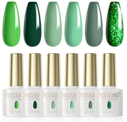 ROSALIND Esmaltes Semipermanentes Para Uñas Verde,6 Colores Verde Oscuro Verde Claro Green Glitter,Pintauñas Semipermanentes Soak Off UV/LED Gel Uñas Diy Manicura Nail Art Set