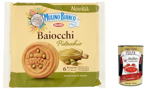 6x Mulino Bianco Baiocchi Pistazienkekse, Pistaziengebäck, ideal für Frühstück oder Snack, Palmölfrei, 6 Portionen á 3 Kekse + Italian Gourmet polpa 400g