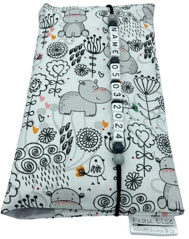 Große Windeltasche XXL mit Name personalisiert Wickeltasche - Nilpferd Hippo grau weiß - für Jungen und Mädchen