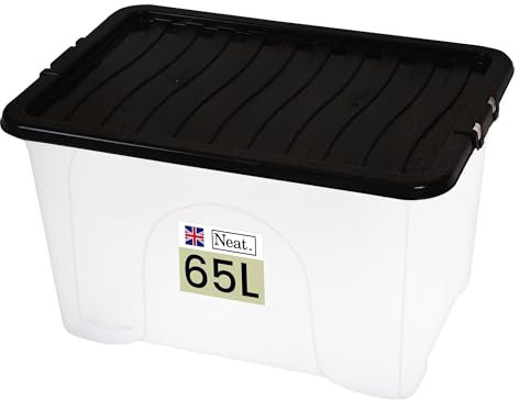 Neat. Plastics 65L Storage Box, Clear Base, Black Lid - Organise Easily with Plastic Storage Box with Lid, Ideal Clear Boxes for Storage, Durable Plastic Boxes with Lids Storage, Pack of 1