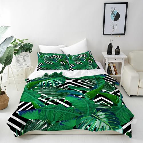 ANHOPE Tropical Leaf Duvet Cover Set Soft Lightweight Microfibre Quilt Cover with 2 Pillowcase Retro Background Palm Tree Leaf Print Pattern 3 Pcs Bedding Set with Zipper Closure Double 200 x 200 cm