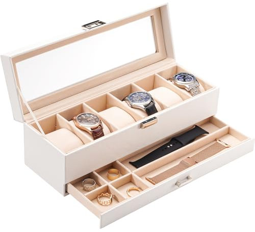 ProCase Uhrenbox mit 6 Fächern,Uhrenkasten mit Glasdeckel, 2 Ebenen, Uhrenkoffer mit herausnehmbaren Uhrenkissen, Uhrenschatulle für Schmuck, Ringe, Armbänder und Halsketten -Weiß