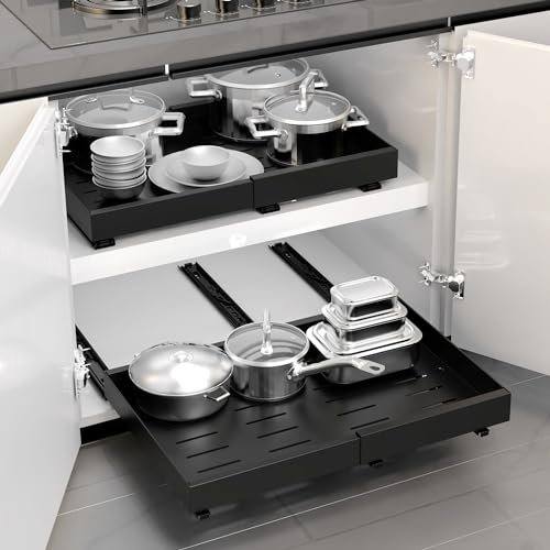 WISD Pull Out Cabinet Organiser - Peel and Stick Sliding Storage Shelf with 3 Rails - Adjustable Width (32CM - 48CM) Slide Out Drawer for Kitchen, Pantry, Bathroom (Black, 2 Pack)