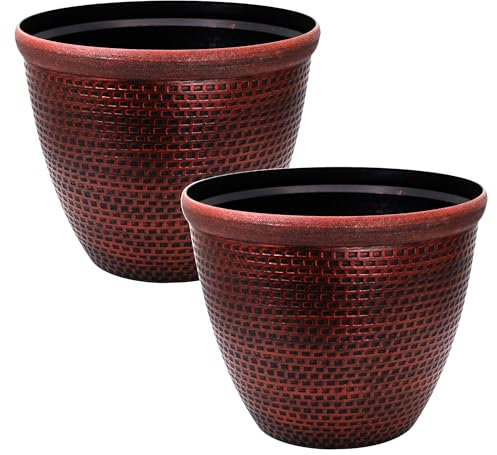 Fyne-Finds Set of 2 Plastic Cromarty Planter 30cm, 12inch Antique Copper Pot 10L Garden Patio Balcony Decor Plant Pot Cover with Drainage Holes
