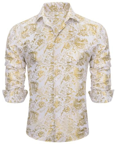 Mens Silky Shirts Jacquard Floral Long Sleeve Shirts Wedding Business Prom Formal Casual Shirts 0587 M
