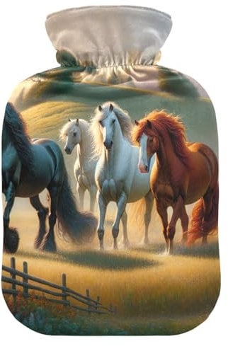 Horses Hot Water Bottles with Soft Cover Feet and Bed Warmer Hot Water Bag for Menstrual Cramps, 1 Liters