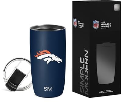 Simple Modern Offiziell lizenzierter NFL Denver Broncos Reise-Kaffeebecher mit Klappdeckel, 473 ml, Edelstahlbecher, Fußball-Geschenke für Männer und Frauen, Voyager-Kollektion, Denver Broncos