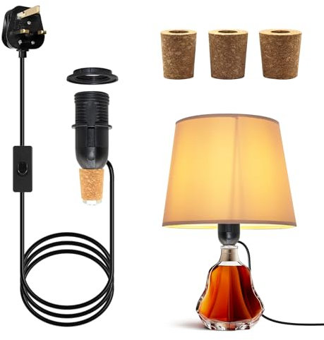 E14 Bottle Lamp Adaptor Kit, 240 CM Lengthened Bottle Lamp Kits, Black DIY Bottle Lamp Kit, Includes 3 Sizes of Stoppers for Many Types Bottle, Lamp Fittings Kit for Table Lamp, Lamp Making Kit