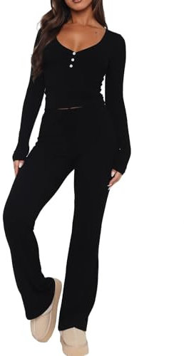 LACOZY Women's Long Sleeve Top 2 Piece Pajama Set Fitted Y2k V Neck Versatile PJ Set Yoga Loungewear Workout Sets Black XL