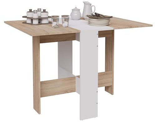 CASABEL – Mesa de Comedor Plegable – Mesa de Cocina para pequeños Espacios – Ahorro de Espacio para Comedor, Cocina Centro Blanco y Bandeja Madera Clara para 2-4 Personas