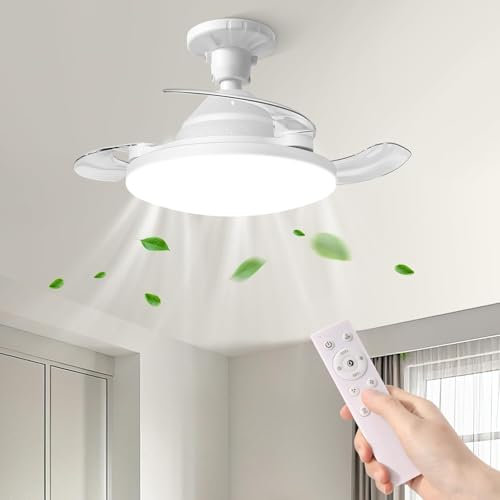 Ventilador de Techo con Luz y Control Remoto, Ventilador Retractil Techo Silencioso con Aspas Ocultas, E27 Regulable LED Lámpara 4 Velocidades Silenciosa, para Sala de Estar, Dormitorio (30W)