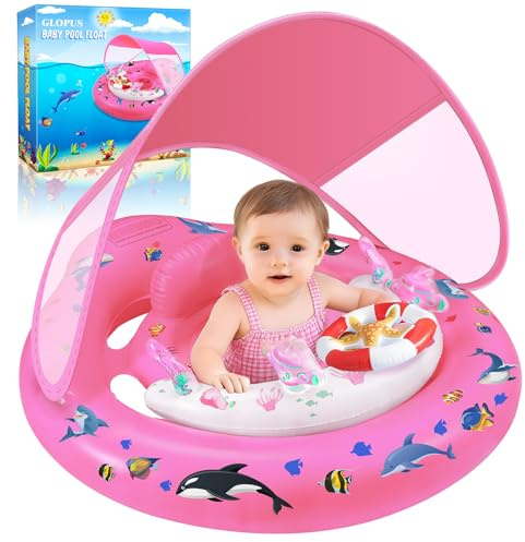 GLOPUS Schwimmring Baby, Baby Schwimmring ab 6-36 Monate Schwimmhilfe Kinder 1 Jahre, Verstellbarer Sicherheitssitz mit UPF50+ Sonnenschutzdach & Spielzeug