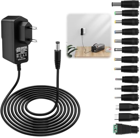 Adaptateur Secteur 12V 1A 100-240V AC vers 12V DC Prise EU | Embout 5,5 x 2,5 mm, 50/60Hz avec 14 Embouts pour Routeur, Caméra, TV Box, Bande LED
