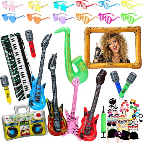 83Pcs Inflatable Instruments Party Props with Funny Sunglasses Set, Inflatable Rock Star Toy Guitar Saxophone Bass Microphones Recorder Piano Photo Booth, 80s 90s Rock N Roll Music Party Decorations