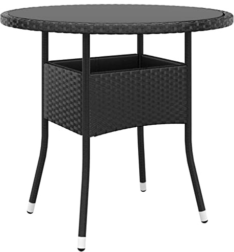 QZZCED Runder Gartentisch mit gehärtetem Glas und Gestell aus schwarzem Polyrattan, Ø 80 x 75 cm, pulverbeschichteter Stahl für den Außenbereich, Möbel langlebig und leicht zu reinigen
