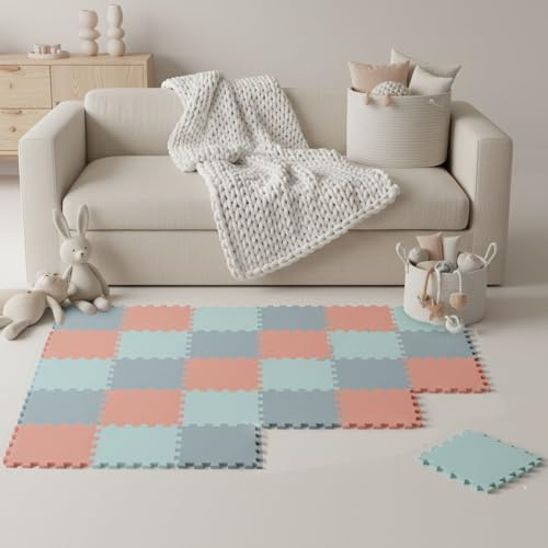 LittleTom Spielmatte Baby Puzzlematte Pastellfarben - 27 Matten je 30x30 cm Krabbelmatte 270x90 cm Bodenmatte Kinder - Puzzle Teppich Kinderzimmer - Bodenschutzmatte Spielteppich Eva Schaumstoffmatte