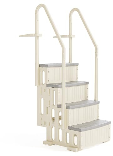 Bonnlo Poolleiter, Pooltreppe aus Kunststoff, mit rutschfesten Streifen und Handläufen, 4-stufig, bis 180 kg belastbar, für Oberirdische/Einbaupools, Weiß und Grau