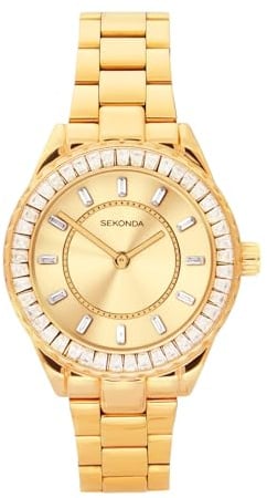 Sekonda Margot Damen-Quarzuhr mit 34 mm Steinbesatz, goldfarben, Analog-Anzeige und Edelstahl-Armband
