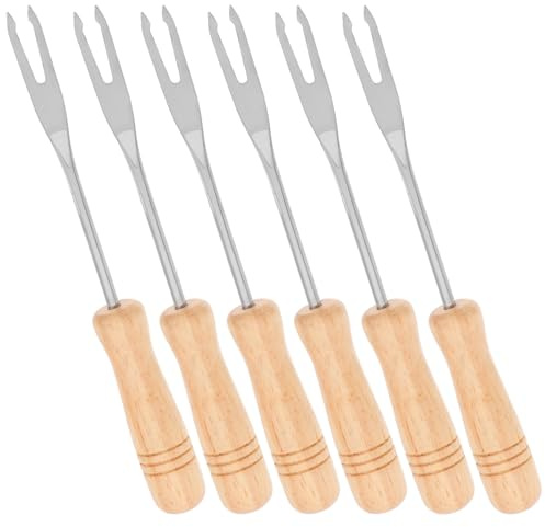 CORHAD 6 Stück Fonduegabel mit Holzgriff aus Edelstahl Rutschfest und Komfortabel für Schokoladenfondue Obst und Grill bei Outdoor Barbecues