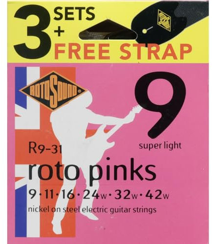 Rotosound Corde per Chitarra Elettrica Roto Nickel plated 3 Set + Cinghia PINKS R9-31-F Super-Light 9-42