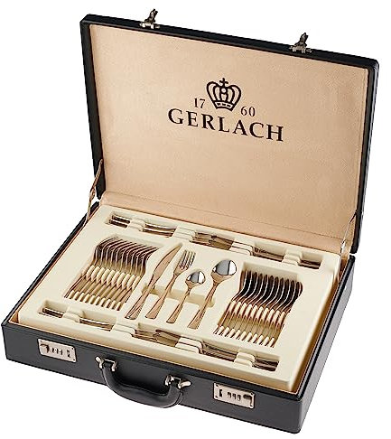 Gerlach Valor Besteck-Set im Koffer 12 Personen Spülmaschinenfest Essbesteck Edelstahl Tafelbesteck Messer Gabel Löffel Teelöffel Kuchengabel Soßenlöffel Kuchenspachtel Gläzend Rostfrei 68 Stk, 52 x 42 x 10 cm