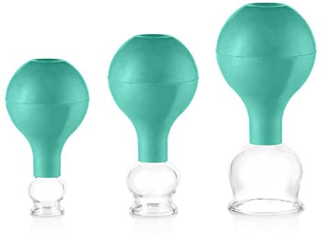 Pulox Schröpfgläser Set aus Echtglas mit Saugball - 3x Medizinisches Schröpfglas in Grün - 25mm, 32mm, 40mm