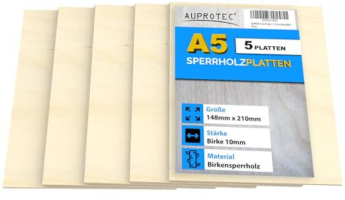 AUPROTEC 5x A5 Placas de madera 10mm Contrachapado de Abedul (148 mm x 210 mm) para manualidades bricolaje marquetería madera maciza contrachapada