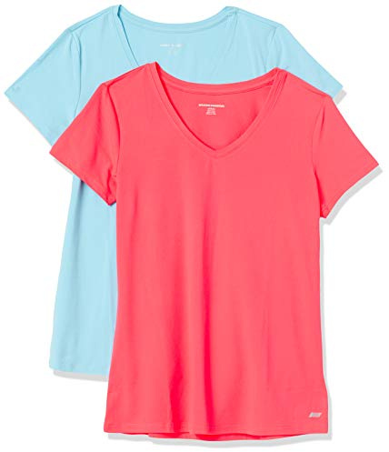 Amazon Essentials T-shirt Stretch et Quick Dry, Col en V et Manches Courtes (Disponible en Grande Taille) Femme, Lot de 2, Bleu/Rose Fluo, XXL