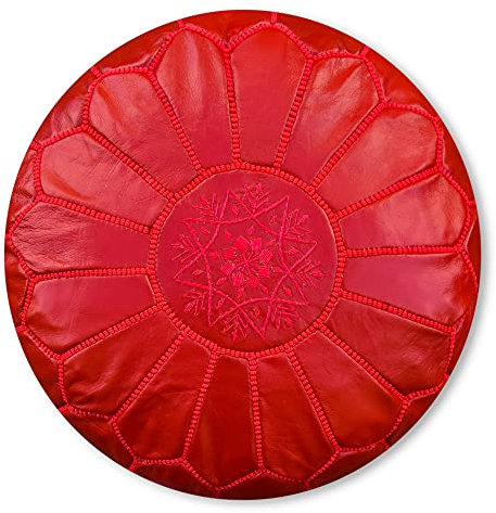 Poufs&Pillows Marokkanischer Echtleder Pouf - Handgefertigt - Gefüllt Geliefert - Ottoman, Sitzsack, Fußhocker, Puff (Rot)