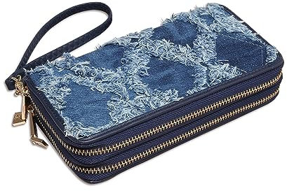 MKP COLLECTION Modische Damengeldbörse mit doppeltem Reißverschluss, Lange Geldbörse, Kreditkartenhalter, Bifold Damen-Handgelenkschlaufe, Denim Blau, Damengeldbörse