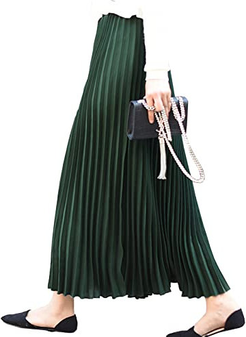 Lunga Gonna da Plissettata Donna Gonna di Pieghe Vita Elastica Solida Colore Maxi Gonne Verde Scuro L