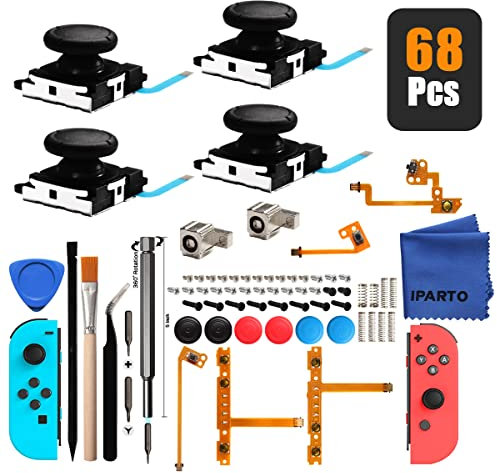 iParto Lot de 4 joysticks analogiques pour manette Nintendo Switch Joy Con - Kit de réparation avec câble flexible, vis, ressorts, poignées de pouce - Outils de réparation